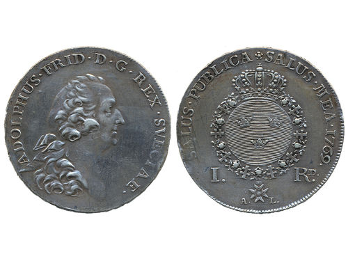 Coins, Sweden. Adolf Fredrik, SM 58a, 1 riksdaler 1769. 29.09 g. Stockholm. SMB 23. 1+.