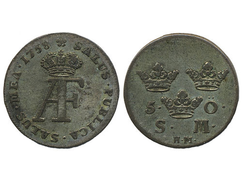 Coins, Sweden. Adolf Fredrik, SM 104, 5 öre 1758. 3.39 g. Stockholm. SMB 88. 1.