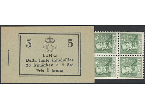Sweden. Booklet Facit H38BC R, 1939 Per Henrik Ling 5 öre green, perf. on three and four sides. Excellent quality. SEK 4000