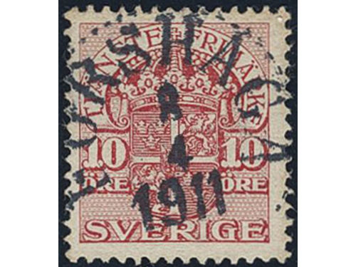Sweden. Official Facit Tj32vm used, 10 öre carmine-red, inverted watermark crown. EXCELLENT cancellation FORSHAGA 8.4.1911. One perf. almost missing.