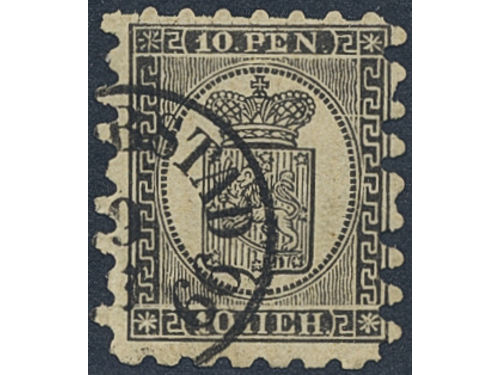 Finland. Facit 7 used, 1866 Coat-of-Arms Finnish values 10 p black on yellow paper. SEK 2500