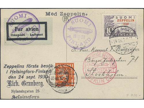 Finland. Facit 165 on cover, 1930 Zeppelin overprint 10 Mk red on light grey-violet on very handsome postcard from HELSINKI 24.9.30 to Sweden.