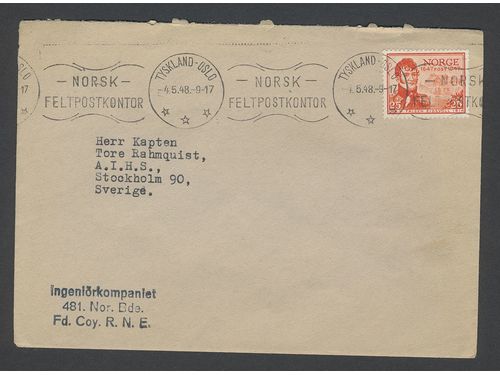 Norway. Facit 359 on military cover, 1947 300th Anniversary of the Postal Service 25 øre orange-red. Letter from the Norwegian Brigade in the allied forces during WW2 cancelled in a Norwegian field post office. Text 