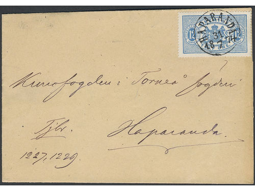 Sweden. Official Facit Tj5 on cover, 12 öre blue, perf 14. An absolutely superb official letter from HAPARANDA 31.7.1874. SEK 125