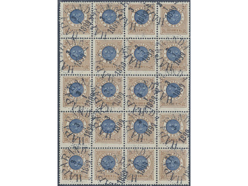 Sweden. Facit 49 used, 1 Krona brown/blue. Block with 20 stamps cancelled HAPARANDA 3.1.1899. SEK 28