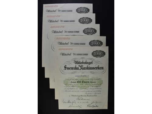 Stock certificates, Sweden. AKTIEBOLAGET SVENSKA MASKINVERKEN. 1000 kr, 1917. Five share certificates. Condition F–VF, coupon sheets incomplete. (5).  .