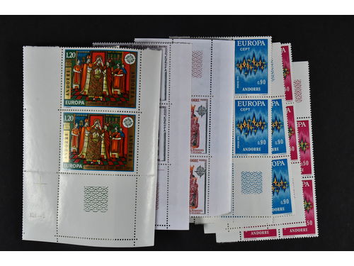 Thematics, Europa CEPT. Lot ★★. Better sets in blocks of four from Portugal incl. e.g. Mi 1281–82 and French Andorra. EUR 1480.