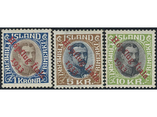 Iceland. Facit 165–67 (★), 1933 Hopflug Ítala 1933 Surcharge SET (3). Assumed to be regummed.