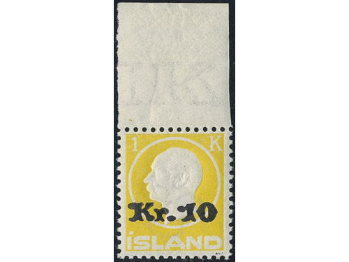 Iceland. Facit 123 ★★, 1924 Surcharge 10 Kr / 1 Kr yellow. Beautiful margin copy. SEK 8500