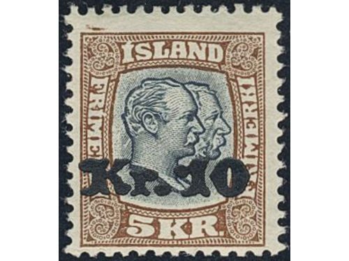 Iceland. Facit 107 ★★, 1930 Surcharge on Two kings 10/5 Kr blue-grey/brown. Off centered but a scarce stamp. SEK 9500