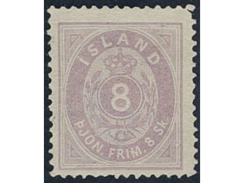 Iceland. Facit Tj2 (★), 1873 Number in frame 8 sk lilac, perf 14 × 13½. Without gum, small damage in upper right corner. SEK 6500