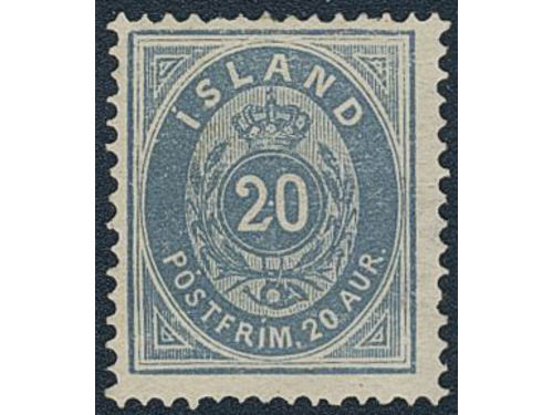 Iceland. Facit 15b ★, 1885 Aur values 20 aur grey-blue perf 14 × 13½. Cert: Grönlund. SEK 4000
