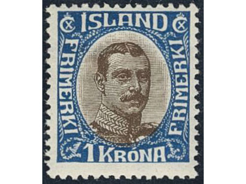Iceland. Facit 142 ★★, 1920 King Christian X 1 Kr brown/blue thin, broken lines. A very fine copy. SEK 4800