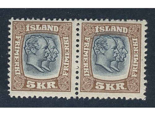 Iceland. Facit 90 ★★, 1907 Two Kings 5 Kr blue-grey/brown, watermark crown. A very fine horizontal pair. SEK 9000