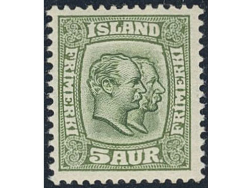 Iceland. Facit 79 ★★, 1907 Two Kings 5 aur green, watermark crown. A very fine copy. SEK 3600