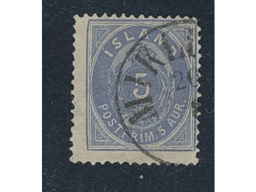 Iceland. Facit 9 used, 1878 Aur values 5 aur blue, perf 14 × 13½. SEK 8500