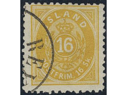 Iceland. Facit 7 used, 1873 Skilding values 16 sk yellow, perf 12½. SEK 5500