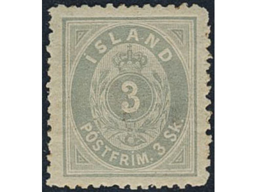 Iceland. Facit 5 ★, 1873 Skilding values 3 sk grey, perf 12½. SEK 4200