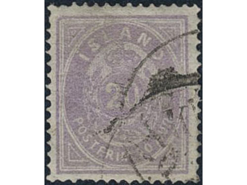 Iceland. Facit 14a used, 1876 Aur values 20 aur pale violet blurred print perf 14 × 13½. SEK 4400