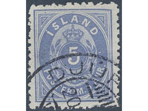 Iceland. Facit 23 used, 1876 Aur values 5 aur blue-grey, rough perf 12¾. SEK 6500