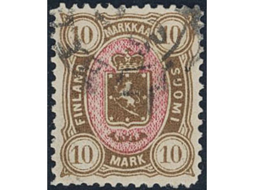 Finland. Facit 26 used, 1885 Coat of Arms m/75, new colours 10 Mk brown/red. SEK 5500