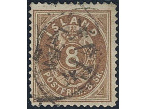 Iceland. Facit 3 used, 1873 Skilding values 8 sk brown, perf 14 × 13½. Good centering. SEK 10000