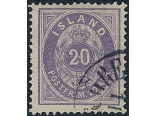 Iceland. Facit 14 used, 1876 Aur values 20 aur violet, perf 14 × 13½. Good centering. SEK 4400