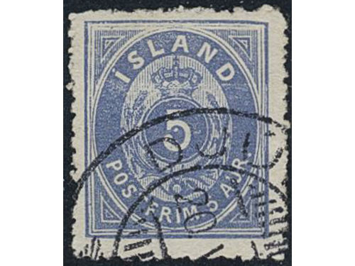 Iceland. Facit 23 used, 1876 Aur values 5 aur blue-grey, rough perf 12¾. Rough perf. as always. SEK 6500