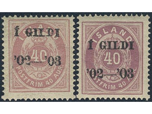 Iceland. Facit 42A ★★, 1902 Surcharge “Í GILDI” 40 aur light lilac perf 14 × 13½, black overprint on thin paper. With normal stamp as a comparison. SEK 9500