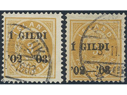 Iceland. Facit 48 ★★, 1902 Surcharge “Í GILDI” 3 aur yellow, small “3”, perf 12¾, black overprint. With a stamp with large 3 as a comparison. SEK 6000