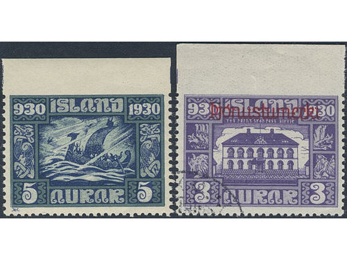 Iceland. Facit 173, Tj59 ★★/⊙, 1930 The Parliament 3 aur violet MNH and 1930 Overprint Þjonustumerki 3 aur violet used, both imperforated at top. (2). SEK 1800