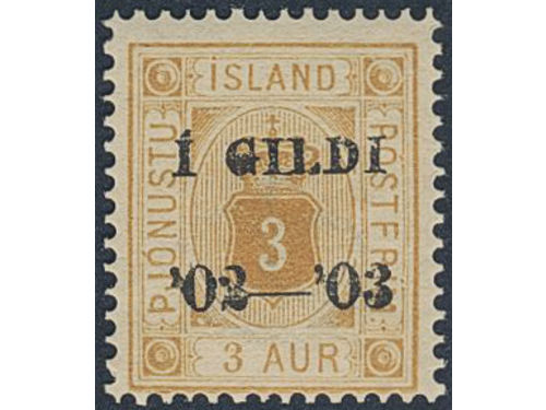 Iceland. Official Facit Tj15 ★★, 1902 Overprint Í GILDI '02-'03 3 aur yellow-orange, perf 14 × 13½. Very fresh. SEK 6000