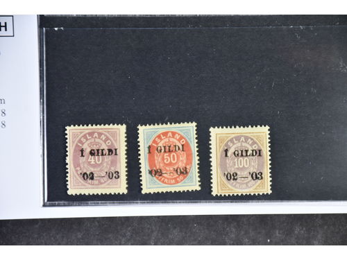 Iceland. Facit 42–44 ★★, 1902 Surcharge “Í GILDI” 40 aur lilac, 50 aur red/blue and 100 aur lilac/brown, all with black overprint. (3). SEK 3250