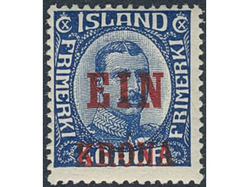 Iceland. Facit 159 ★★, 1926 New value overprint EIN KRONA / 40 aur blue. Fresh copy. SEK 5000