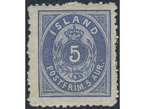 Iceland. Facit 23 ★, 1876 Aur values 5 aur blue-grey, rough perf 12¾. Weak gum but no hinge. SEK 3500