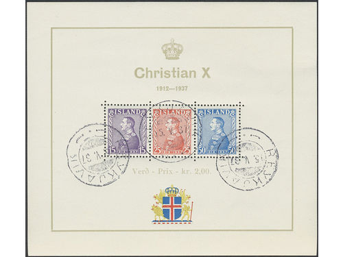 Iceland. Facit 221–23 used, 1937 Christian X, 25th anniversary as regent souvenir sheet 1 (1). Cancelled REYKJAVIK 15.V.37. SEK 2500