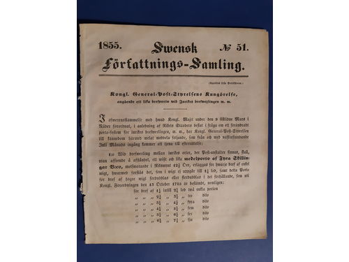 Literature. Svensk Författnings-samling No. 23 1855. The official announcement about the introduction of the uniform postal rate and the Skilling Banco stamps. Sought-after.