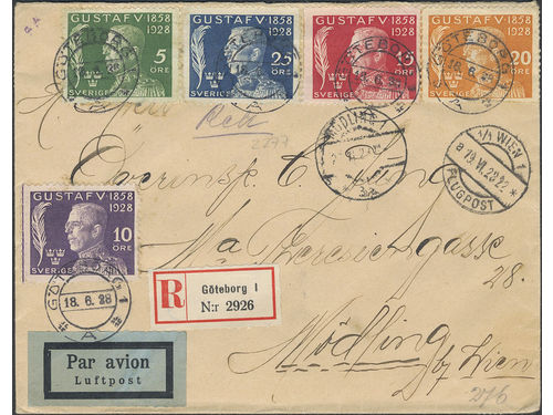 Sweden. Facit 226–30 on cover, 1928 70th Birthday of King Gustaf V SET (5) on air mail cover sent from GÖTEBORG 1 18.6.28 to Austria. Arrival pmks WIEN 1 19.VI.28 and MÖDLING 1 21.VI.28. Ex. Michtner.