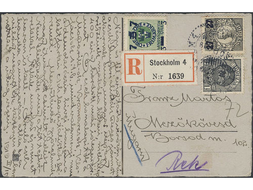 Sweden. Facit 104, etc. on cover, Registered postcard sent from STOCKHOLM 4 25.2.19 to Hungary, with weak arrival pmk on reverse. Ex. Michtner.