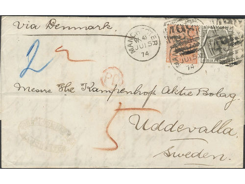 Britain. Michel 24, 44 on cover, 4+6 d on 2-fold cover sent from MANCHESTER 15.JU.74, via Denmark to Uddevalla, Sweden. Transit pmk PKXP 18.6.1874.