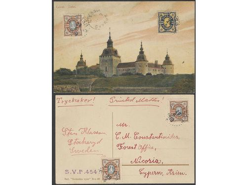 Sweden. Facit 61, 62 on cover, 3×1+2 öre on two postcards of which only one with address, originally seemingly glued together, sent as printed matter from PLK 139 29.6.1910 to Cyprus. Arrival pmk NICOSIA CYPRUS 7.JY.10. Interesting handling and a very scarce destionation for pm mail.