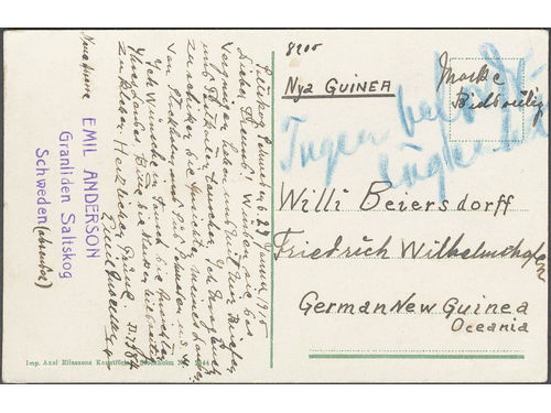 Sweden. Facit 79 on cover, 2×5 öre on postcard sent from PKXP 34 B (Stockholm–Katrineholm) 3.2.1915, addressed to Friedrich Wilhelmshafen, German New Guinea. The mail exchange was suspended according to notation “Ingen befordr-lägenhet”. Very scarce destination, only two recorded covers according to Ferdén, in which work the item is also depicted.