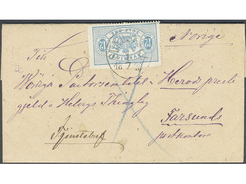 Sweden. Official Facit Tj5 on cover, 12 öre on official cover sent from SUNDSVALL, on the very first day of GPU/UPU 1.7.1875, to Norway. Interesting and UNIQUE.