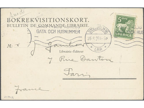 Sweden. Facit 143A on cover, 5 öre on book reqvisition card 