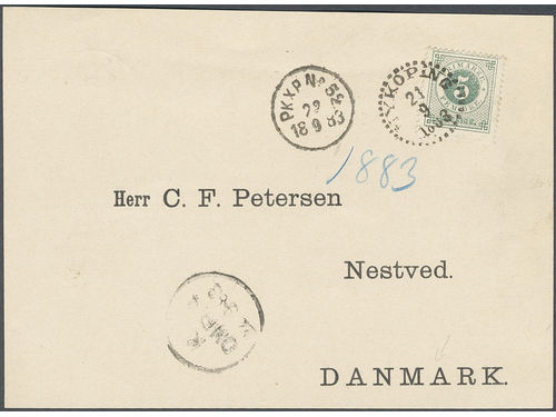 Sweden. Facit 30 on cover, 5 öre on unusually early printed matter card sent from NYKÖPING 21.9.1883 via PKXP No 52 22.9.1883 to Denmark. Arrival pmk K. OMB.4 22.9.83, and NÆSTVED 5.POST 22.9.