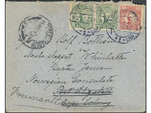 Sweden. Facit 79, 82 on cover, 2×5+10 öre on cover sent from GÖTEBORG 1 LBR 22.12.13 to South Africa, then forwarded from PORT ELISABETH 15.JAN.14 to Freemantle, Western Australia. Unusual destinations.
