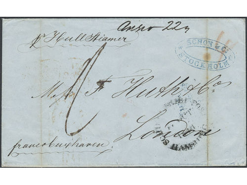 Sweden. Foreign-related cover. Great Britain. Partly prepiad 2-fold cover sent from Stockholm, via Hamburg and private ship to Hull, then to London. Franco Cuxhaven. Cancellations SCHIFFS BRIEF POST HAMBURG and HULL SHIP-LETTER D.20.OC.1844. Archive folds.