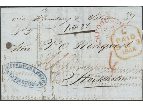 Sweden. Foreign-related cover. Great Britain. Letter prepaid with 1 sh 10 d, sent from LIVERPOOL 2.SP.1844 K.S.&N.P.C. HAMBURG 7.SEP.44 to Stockholm.