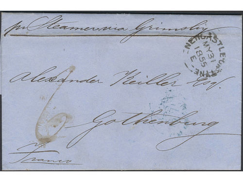 Sweden. Foreign-related cover. Great Britain. Letter sent from NEWCASTLE ON TYNE 31.MY.1855 via GRIMSBY 1.JU.1855 to Gothenburg. Ship letter rate 