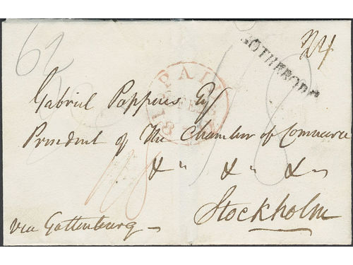 Sweden. Foreign-related cover. Great Britain. Cover sent from London 26.FEB.1830 via GÖTHEBORG to Stockholm. Prepaid 